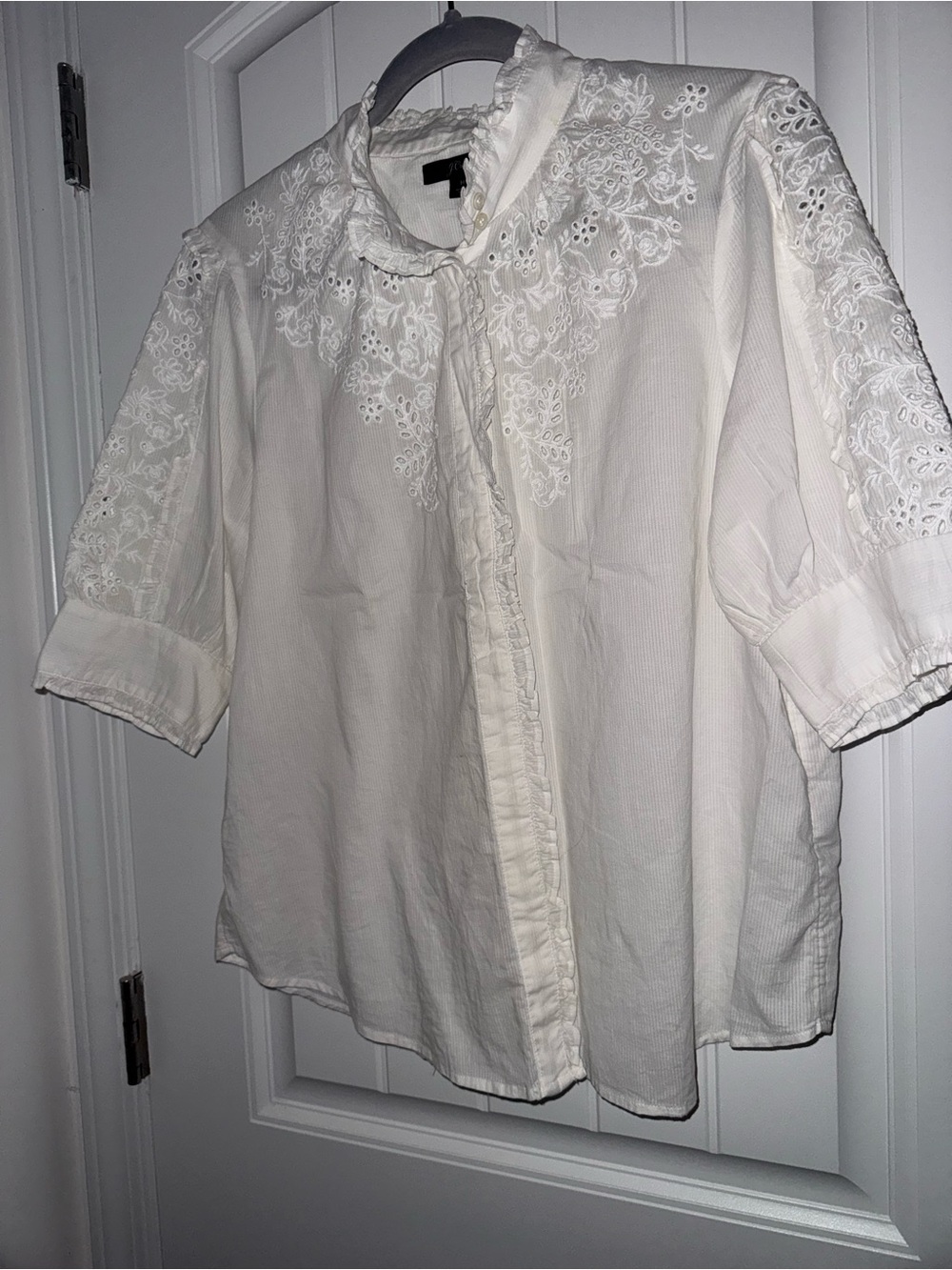 J.Crew White Embroidered Eyelet Ruffle Blouse Size M